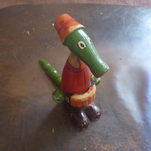 Vintage Other - Vintage Russian Folk Art Wood Statue Lizard Playing Accordion Gena the Crocodile
